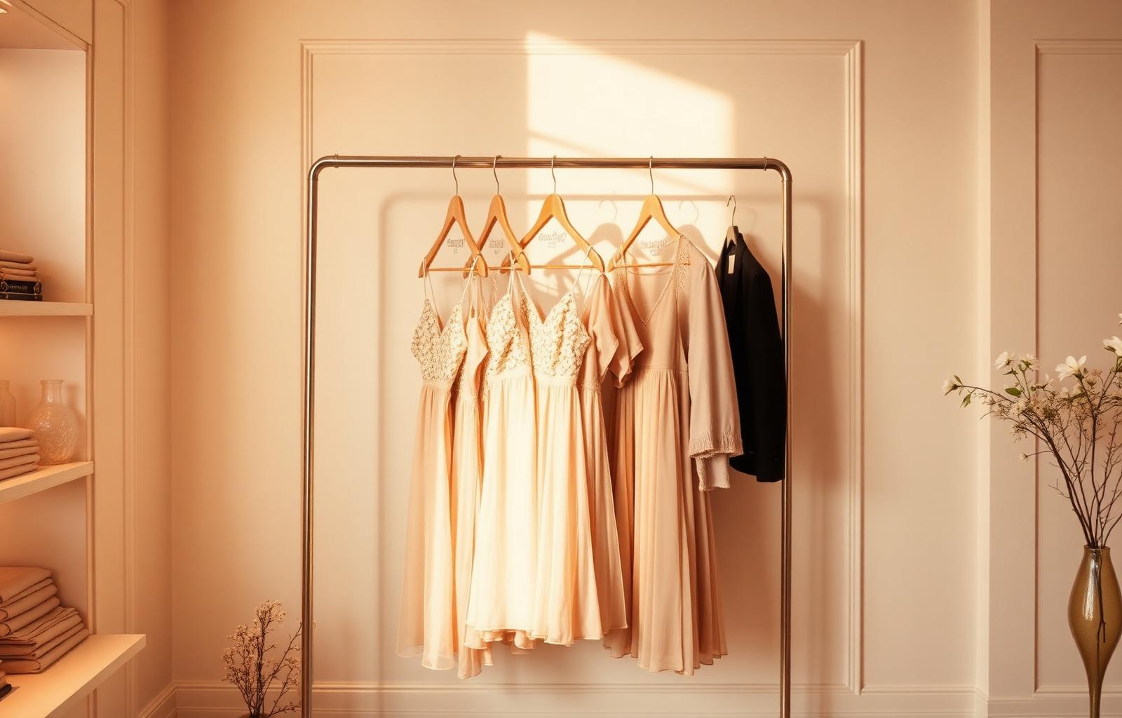Boutique elegante com vestidos em tons nude